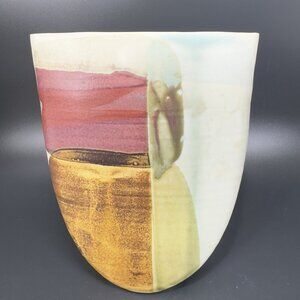Vintage Hand Made Pottery Vase Vessel Flat Side Stoneware Art Marked Vase Vessel